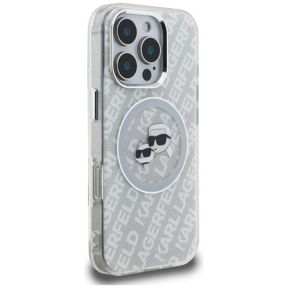 Karl Lagerfeld IML Glitter Karl &amp; Choupette Heads Logo MagSafe Case for iPhone 16 Pro - Gray