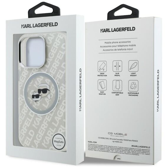 Karl Lagerfeld IML Glitter Karl &amp; Choupette Heads Logo MagSafe Case for iPhone 16 Pro - Gray