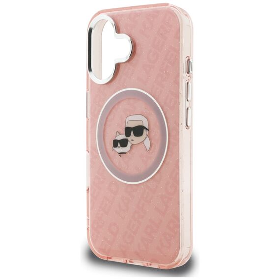 Karl Lagerfeld IML Glitter Karl &amp; Choupette Heads Logo MagSafe iPhone 16 Case - Pink