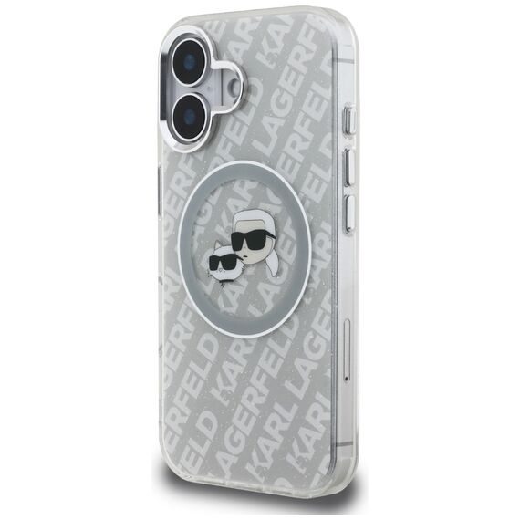 Karl Lagerfeld IML Glitter Karl &amp; Choupette Heads Logo MagSafe iPhone 16 Case - Gray