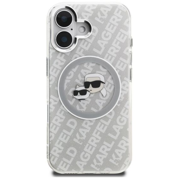 Karl Lagerfeld IML Glitter Karl &amp; Choupette Heads Logo MagSafe iPhone 16 Case - Gray