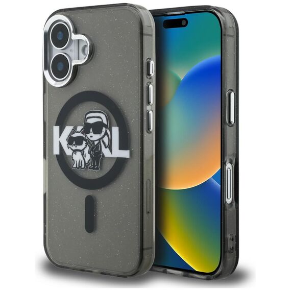 Karl Lagerfeld IML Glitter Karl &amp; Choupette Sketch Logo MagSafe Case for iPhone 16 - Black