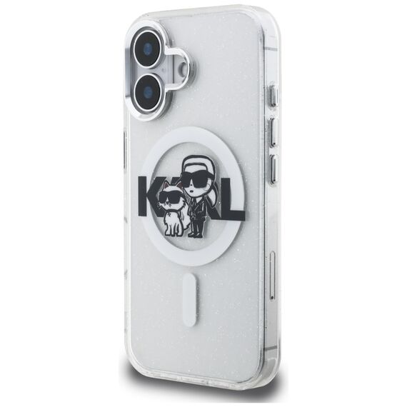 Karl Lagerfeld IML Glitter Karl &amp; Choupette Sketch Logo MagSafe Case for iPhone 16 - Transparent