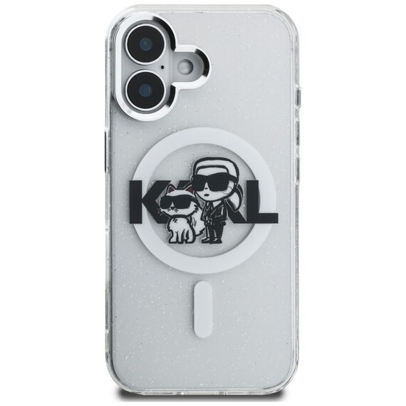 Karl Lagerfeld IML Glitter Karl &amp; Choupette Sketch Logo MagSafe Case for iPhone 16 - Transparent