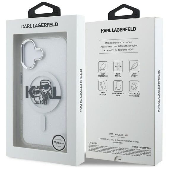 Karl Lagerfeld IML Glitter Karl &amp; Choupette Sketch Logo MagSafe Case for iPhone 16 - Transparent