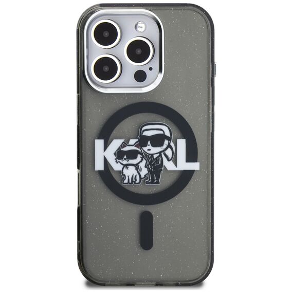 Karl Lagerfeld IML Glitter Karl &amp; Choupette Sketch Logo MagSafe Case for iPhone 16 Pro - Black