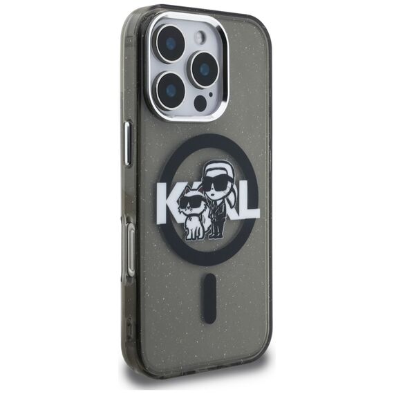 Karl Lagerfeld IML Glitter Karl &amp; Choupette Sketch Logo MagSafe Case for iPhone 16 Pro - Black