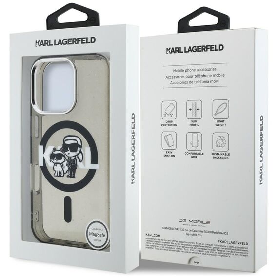 Karl Lagerfeld IML Glitter Karl &amp; Choupette Sketch Logo MagSafe Case for iPhone 16 Pro - Black
