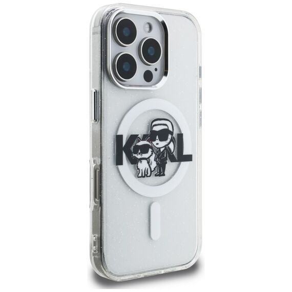 Karl Lagerfeld IML Glitter Karl &amp; Choupette Sketch Logo MagSafe Case for iPhone 16 Pro - Clear