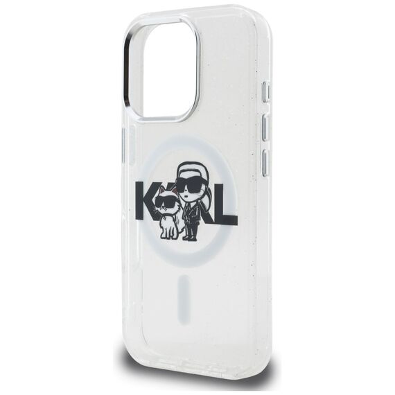 Karl Lagerfeld IML Glitter Karl &amp; Choupette Sketch Logo MagSafe Case for iPhone 16 Pro - Clear