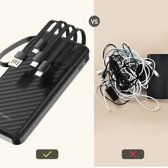 Wozinsky W11-B 10000mAh 10W Powerbank with Built-in Cables and Flashlight - Black