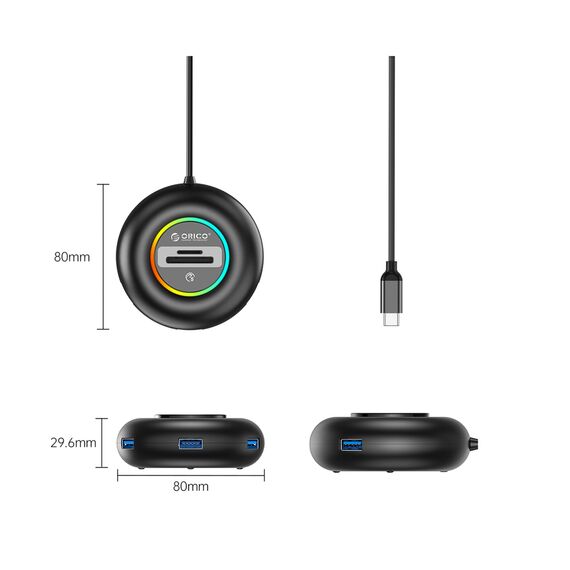 Orico YXR5-C3 RGB USB Hub 4-Port USB-A 3.0 with SD and microSD Reader 1.8m - Black
