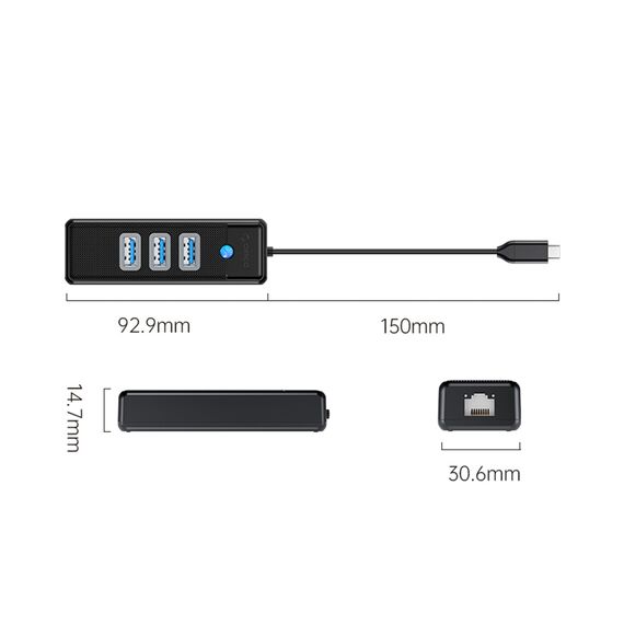 Orico PW3UR25-C3 USB Hub 4-Port 3x USB-A 3.0 1x RJ45 2.5G Ethernet 0.15m - Black