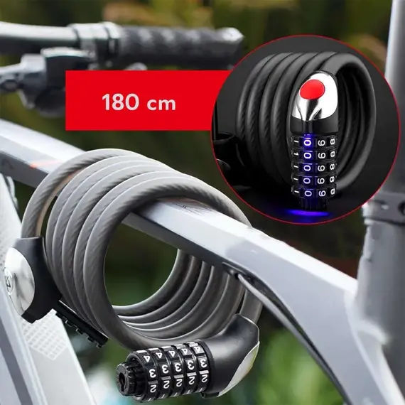 Zapięcie rowerowe Rockbros RKS531 – linka stalowa, szyfr 5-cyfrowy + LED, 180 cm