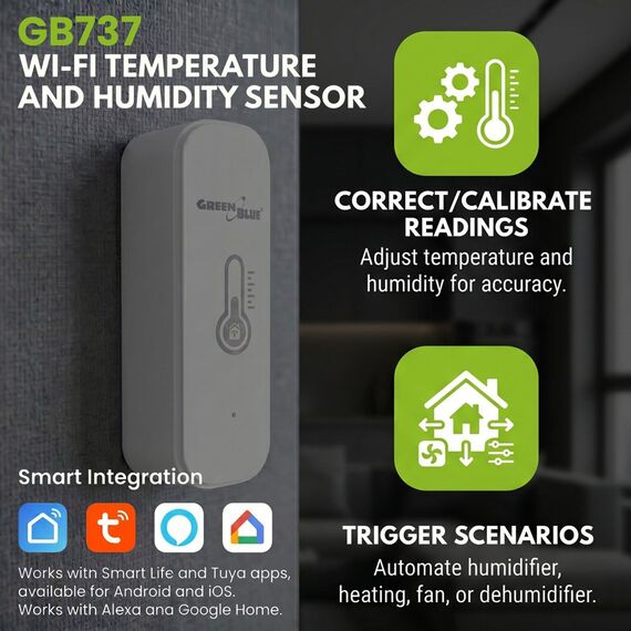 GreenBlue WiFi Temperature and Humidity Sensor, Android/iOS/Alexa/Google Home, 3.0V DC, LR03x2, GB737