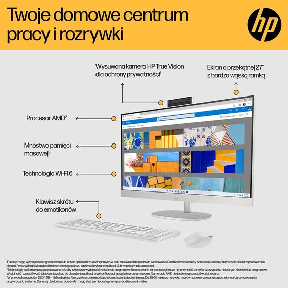 HP 27-cr0204nw AMD Ryzen™ 7 7730U 68.6 cm (27") 1920 × 1080 px All-in-One PC 16 GB DDR4-SDRAM 512 GB SSD Free DOS Wi-Fi 6 (802.11ax) White