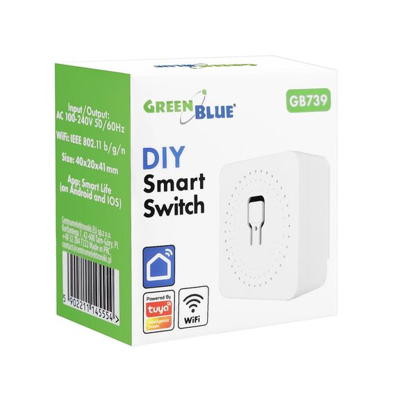GreenBlue Flush-Mount WiFi Relay, Android/iOS/Alexa/Google Home, 100–240 V AC, 50/60 Hz, max. 16 A, for 150 W LEDs, GB739