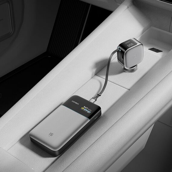 Cuktech CC903P 100W Car Charger with Display and 70cm Retractable USB-C Cable - Gray