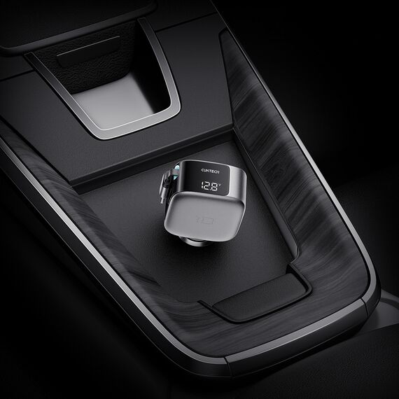 Cuktech CC903P 100W Car Charger with Display and 70cm Retractable USB-C Cable - Gray