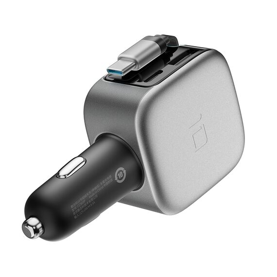 Cuktech CC903P 100W Car Charger with Display and 70cm Retractable USB-C Cable - Gray