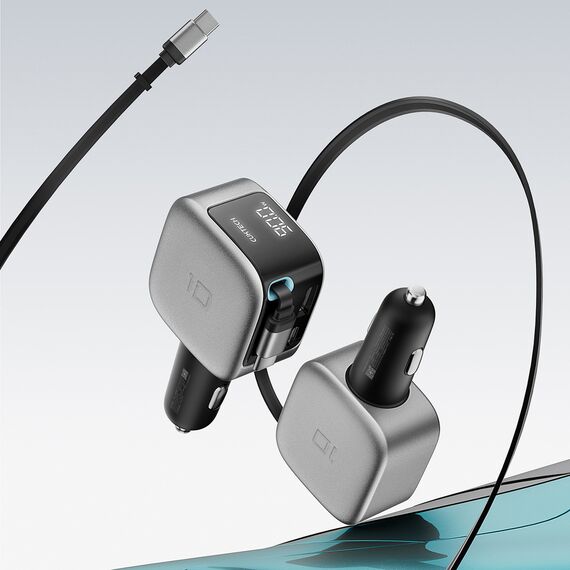 Cuktech CC903P 100W Car Charger with Display and 70cm Retractable USB-C Cable - Gray