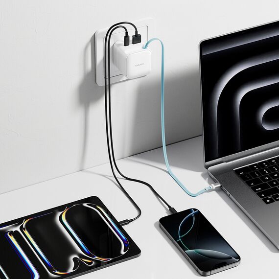 Cuktech AD653W 67W GaN 2x USB-C + USB-A Wall Charger with 70cm Retractable USB-C Cable - White