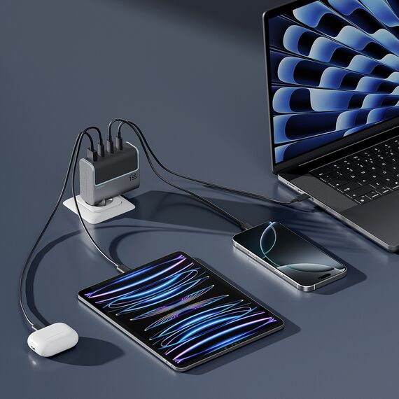 Cuktech AD1404UEU 140W GaN 3x USB-C + USB-A Wall Charger with USB-C Cable - Gray