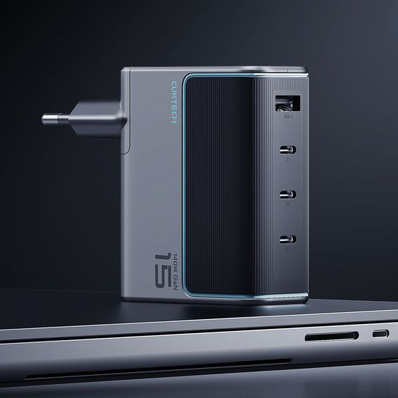 Cuktech AD1404UEU 140W GaN 3x USB-C + USB-A Wall Charger with USB-C Cable - Gray