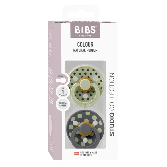 BIBS - Pacifier Studio Colour 2 PACK Polka Latex - Sage/Iron - Size 1 / Baby and Children