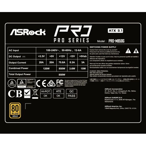 Asrock PRO-M850G 850W 80 PLUS Gold power supply unit