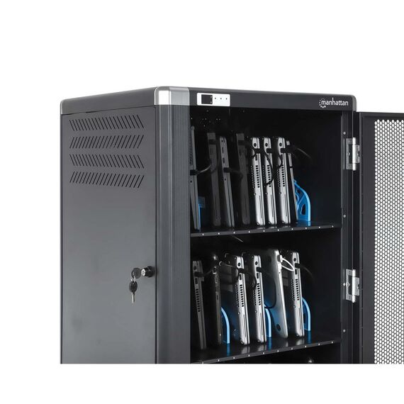 Manhattan Laptop Charging Cart/Trolley via AC Adapter (EU) 30-bay, Install device's AC Adapter (power cables) into unit, Suitable for ALL laptops (to 16"), iPads, MacBooks, Chromebooks, other portable devices, Bays 380x30x280mm, Cabinet, Lockable