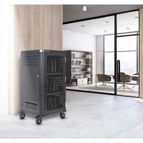Manhattan Laptop Charging Cabinet Trolley/Cart via USB-C 65W 16" 30-bay, Suitable for USB-C laptops (to 16"), iPads, MacBooks, Chromebooks, other USB-C devices, Bays 395x32.5x290mm, USB-C charging cables included,Cabinet, UK & EU