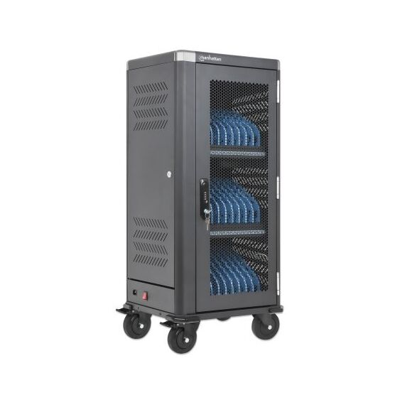 Manhattan iPad to 13", MacBook Air to 13" & Chromebook 14" 30-bay Charging Trolley/Cart via USB-C (30W), Also other tablets/smartphones (with device to USB-C cable), Bays 404x27.6x283mm, USB-C charging cables included, Cabinet