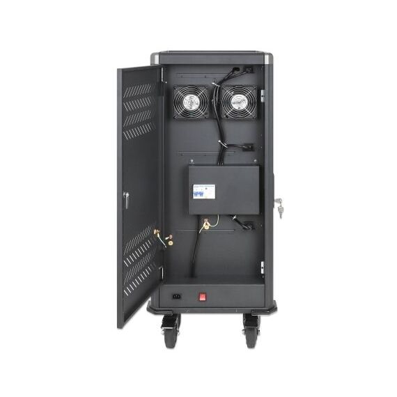 Manhattan iPad to 13", MacBook Air to 13" & Chromebook 14" 30-bay Charging Trolley/Cart via USB-C (30W), Also other tablets/smartphones (with device to USB-C cable), Bays 404x27.6x283mm, USB-C charging cables included, Cabinet