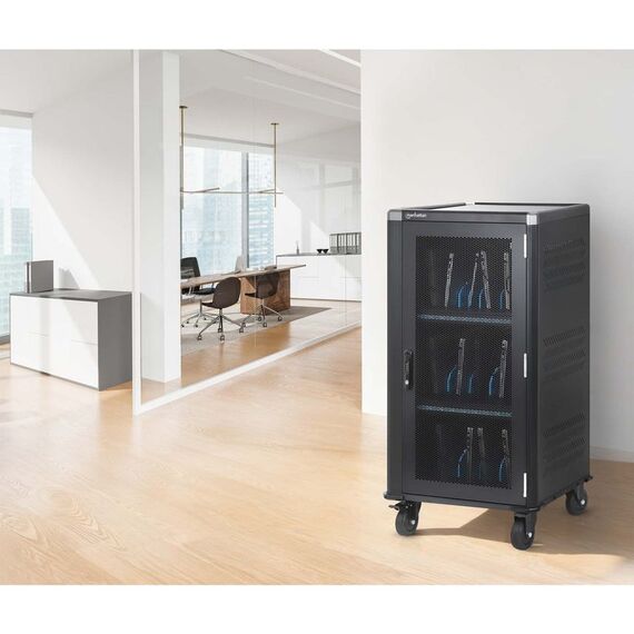 Manhattan Laptop Charging Cabinet Trolley/Cart via USB-C 65W 16" 30-bay, Suitable for USB-C laptops (to 16"), iPads, MacBooks, Chromebooks, other USB-C devices, Bays 395x32.5x290mm, USB-C charging cables included,Cabinet, UK & EU
