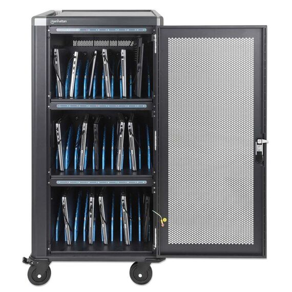 Manhattan Laptop Charging Cabinet Trolley/Cart via USB-C 65W 16" 30-bay, Suitable for USB-C laptops (to 16"), iPads, MacBooks, Chromebooks, other USB-C devices, Bays 395x32.5x290mm, USB-C charging cables included,Cabinet, UK & EU