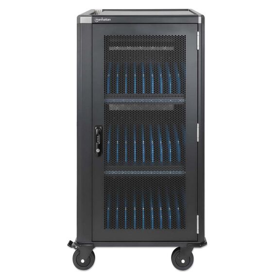 Manhattan Laptop Charging Cabinet Trolley/Cart via USB-C 65W 16" 30-bay, Suitable for USB-C laptops (to 16"), iPads, MacBooks, Chromebooks, other USB-C devices, Bays 395x32.5x290mm, USB-C charging cables included,Cabinet, UK & EU