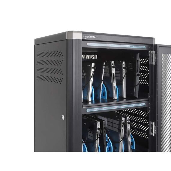 Manhattan Laptop Charging Cabinet Trolley/Cart via USB-C 65W 16" 30-bay, Suitable for USB-C laptops (to 16"), iPads, MacBooks, Chromebooks, other USB-C devices, Bays 395x32.5x290mm, USB-C charging cables included,Cabinet, UK & EU