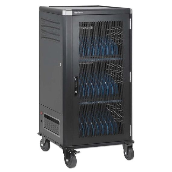 Manhattan Laptop Charging Cabinet Trolley/Cart via USB-C 65W 16" 30-bay, Suitable for USB-C laptops (to 16"), iPads, MacBooks, Chromebooks, other USB-C devices, Bays 395x32.5x290mm, USB-C charging cables included,Cabinet, UK & EU