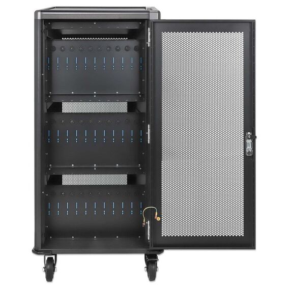 Manhattan Laptop Charging Cabinet Trolley/Cart via USB-C 65W 16" 30-bay, Suitable for USB-C laptops (to 16"), iPads, MacBooks, Chromebooks, other USB-C devices, Bays 395x32.5x290mm, USB-C charging cables included,Cabinet, UK & EU