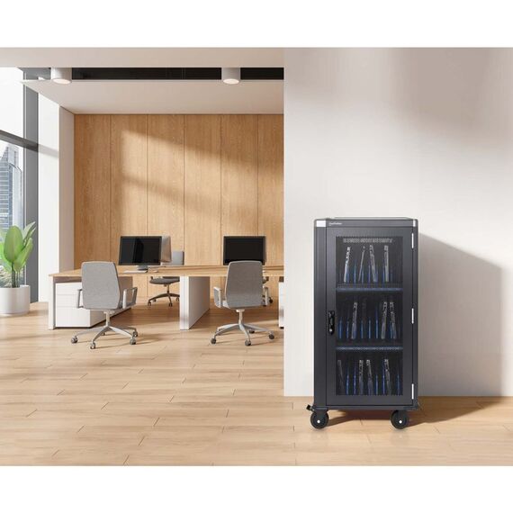 Manhattan Laptop Charging Cabinet Trolley/Cart via USB-C 65W 16" 30-bay, Suitable for USB-C laptops (to 16"), iPads, MacBooks, Chromebooks, other USB-C devices, Bays 395x32.5x290mm, USB-C charging cables included,Cabinet, UK & EU