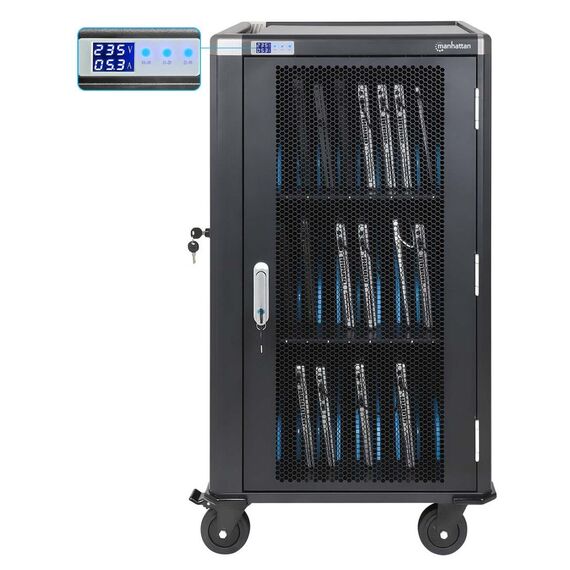 Manhattan Laptop Charging Cart/Trolley via AC Adapter (EU) 30-bay, Install device's AC Adapter (power cables) into unit, Suitable for ALL laptops (to 16"), iPads, MacBooks, Chromebooks, other portable devices, Bays 380x30x280mm, Cabinet, Lockable