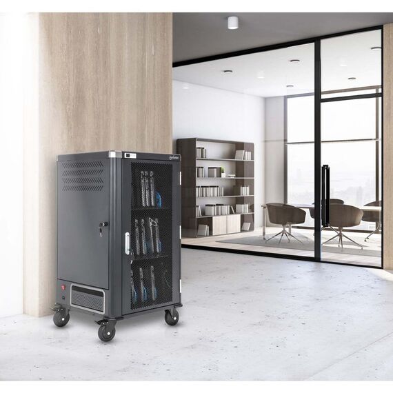 Manhattan Laptop Charging Cart/Trolley via AC Adapter (EU) 30-bay, Install device's AC Adapter (power cables) into unit, Suitable for ALL laptops (to 16"), iPads, MacBooks, Chromebooks, other portable devices, Bays 380x30x280mm, Cabinet, Lockable