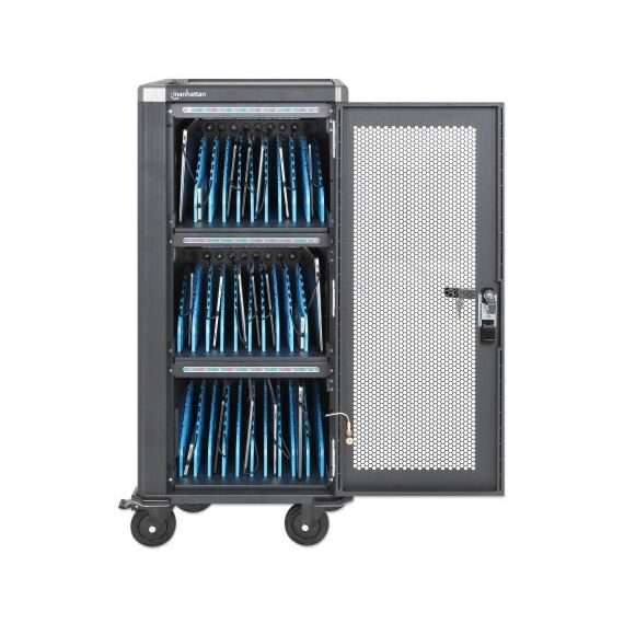 Manhattan iPad to 13", MacBook Air to 13" & Chromebook 14" 30-bay Charging Trolley/Cart via USB-C (30W), Also other tablets/smartphones (with device to USB-C cable), Bays 404x27.6x283mm, USB-C charging cables included, Cabinet