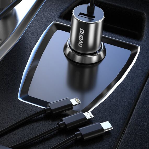 Dudao 3in1 USB Car Charger 3.4A Built-in Lightning / USB Type C / Micro USB Cable Black (R5ProN Black)