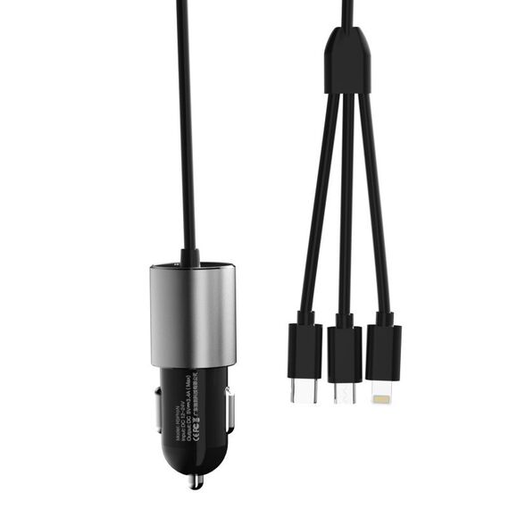 Dudao 3in1 USB Car Charger 3.4A Built-in Lightning / USB Type C / Micro USB Cable Black (R5ProN Black)
