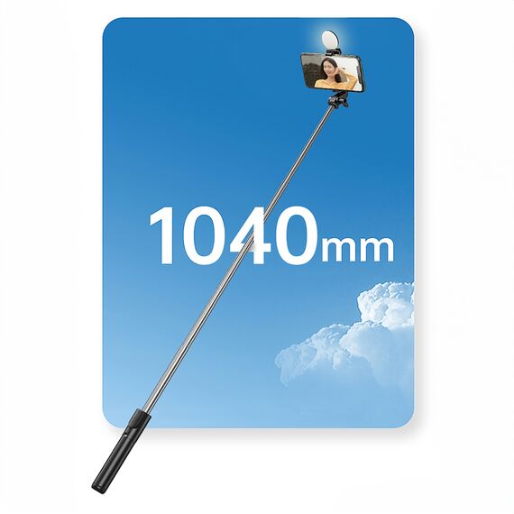 Selfie stick WH1YXS telescopic tripod 1m with round lamp and phone holder - black