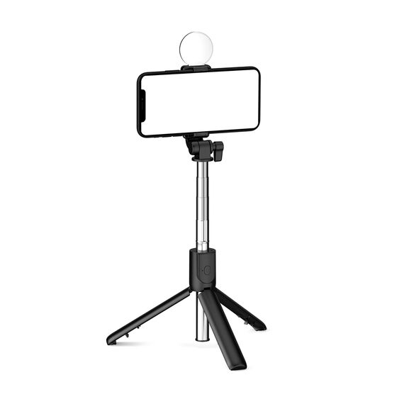 Selfie stick WH1YXS telescopic tripod 1m with round lamp and phone holder - black