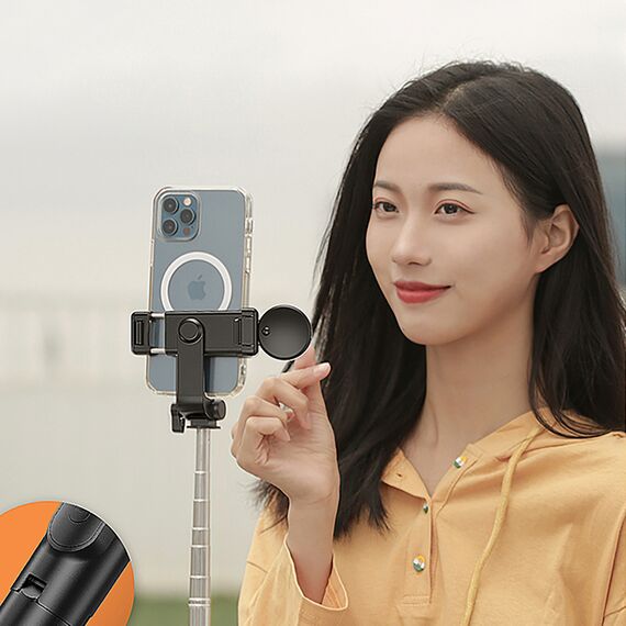 Selfie stick WH1YXS telescopic tripod 1m with round lamp and phone holder - black