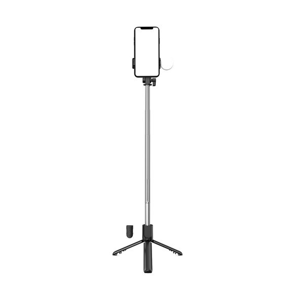Selfie stick WH1YXS telescopic tripod 1m with round lamp and phone holder - black